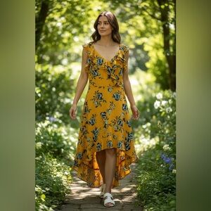 BCX Mustard Yellow Floral Ruffle High-Low Dress